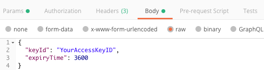 Request body with keyId and expiry time in Postman